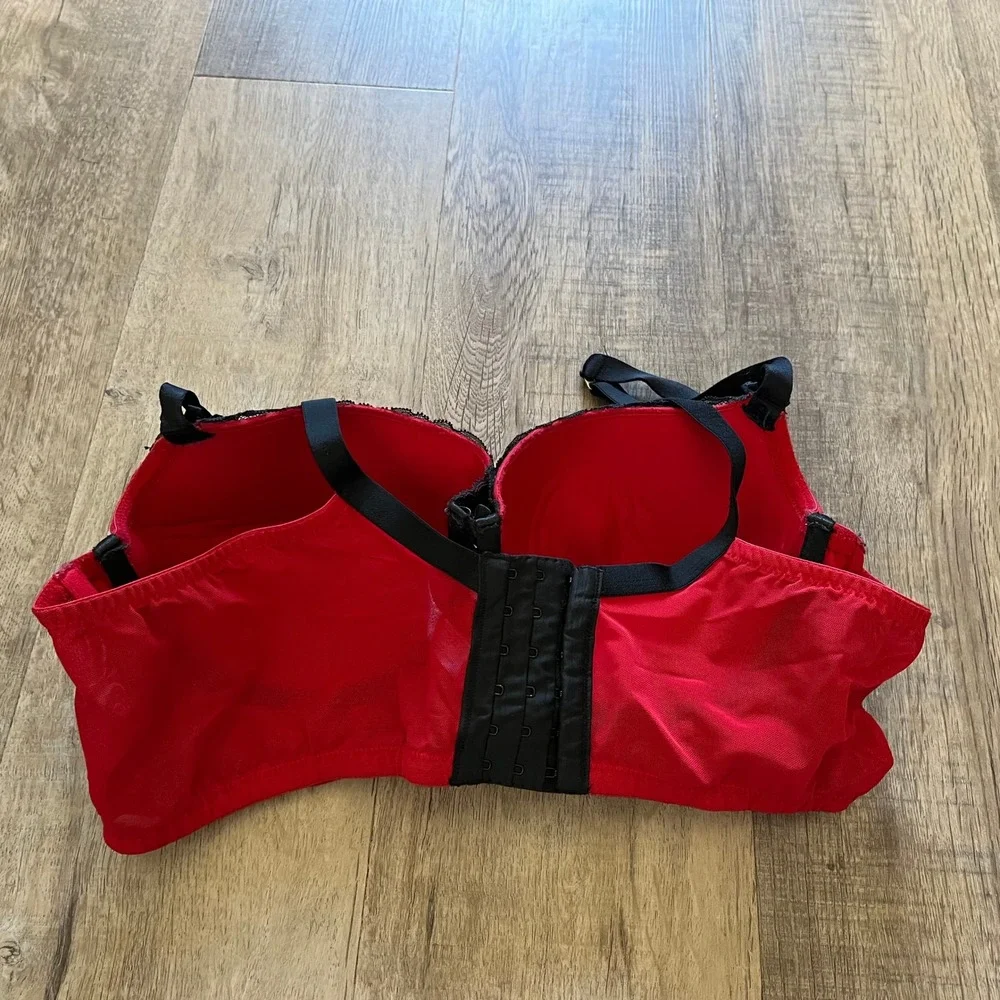 Cacique Boost Balconette Bra Red Black Lace Underwire Padded 42C 5246